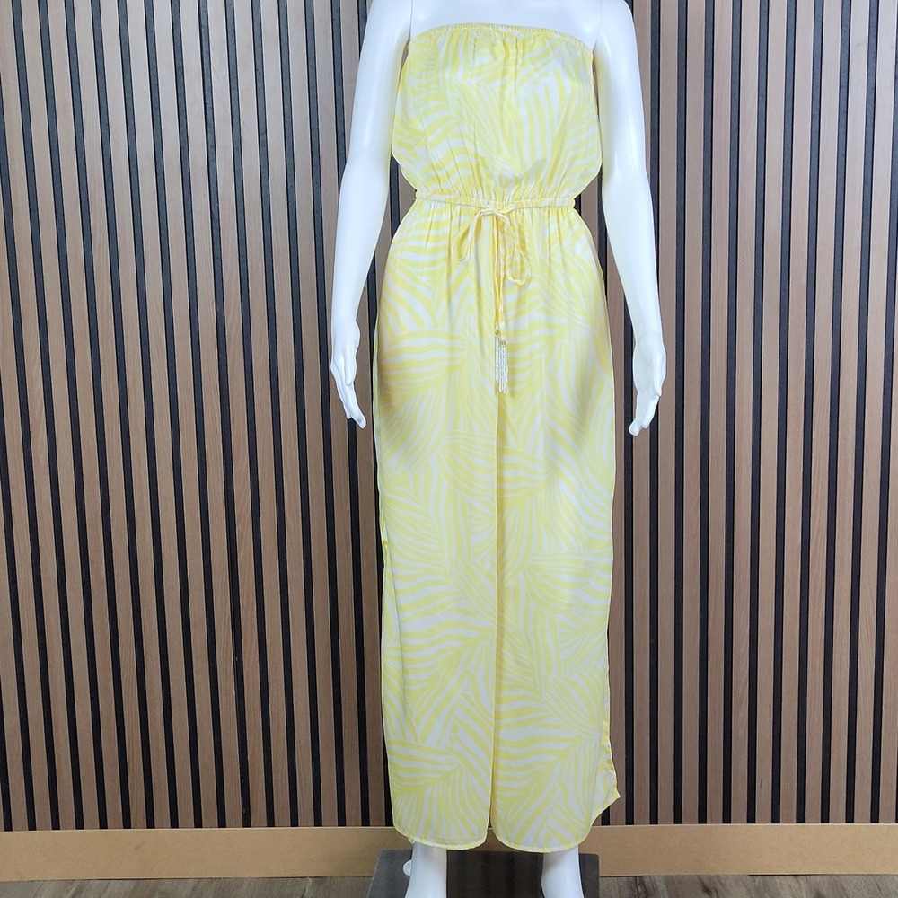 True Destinations Strapless Jumpsuit Women S Yellow Palm Leaf Tropical Print